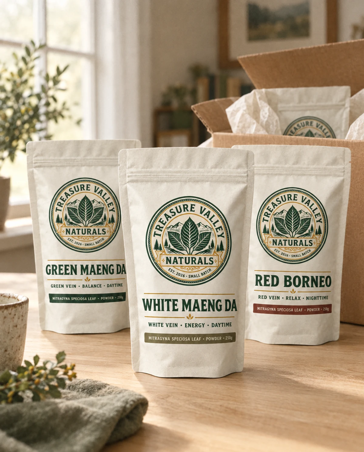 Treasure Valley Naturals pouches beside an open shipping box