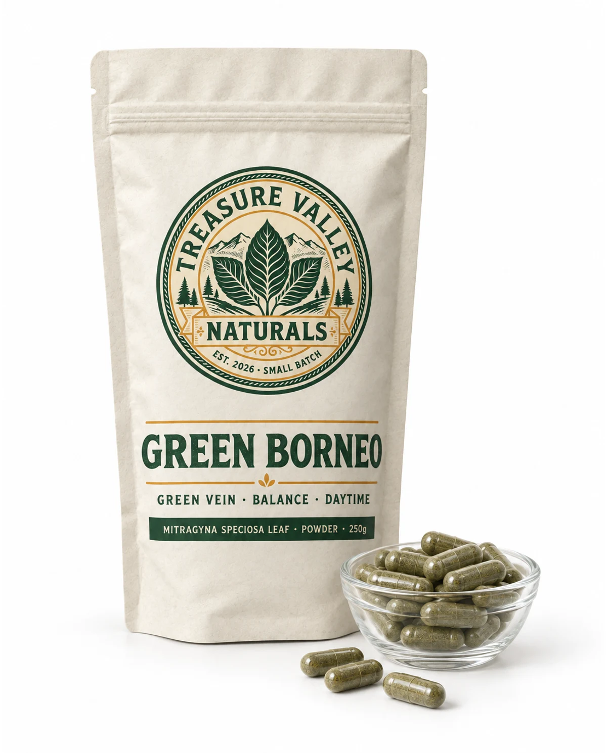 Green Borneo pouch beside a dish of size 00 capsules