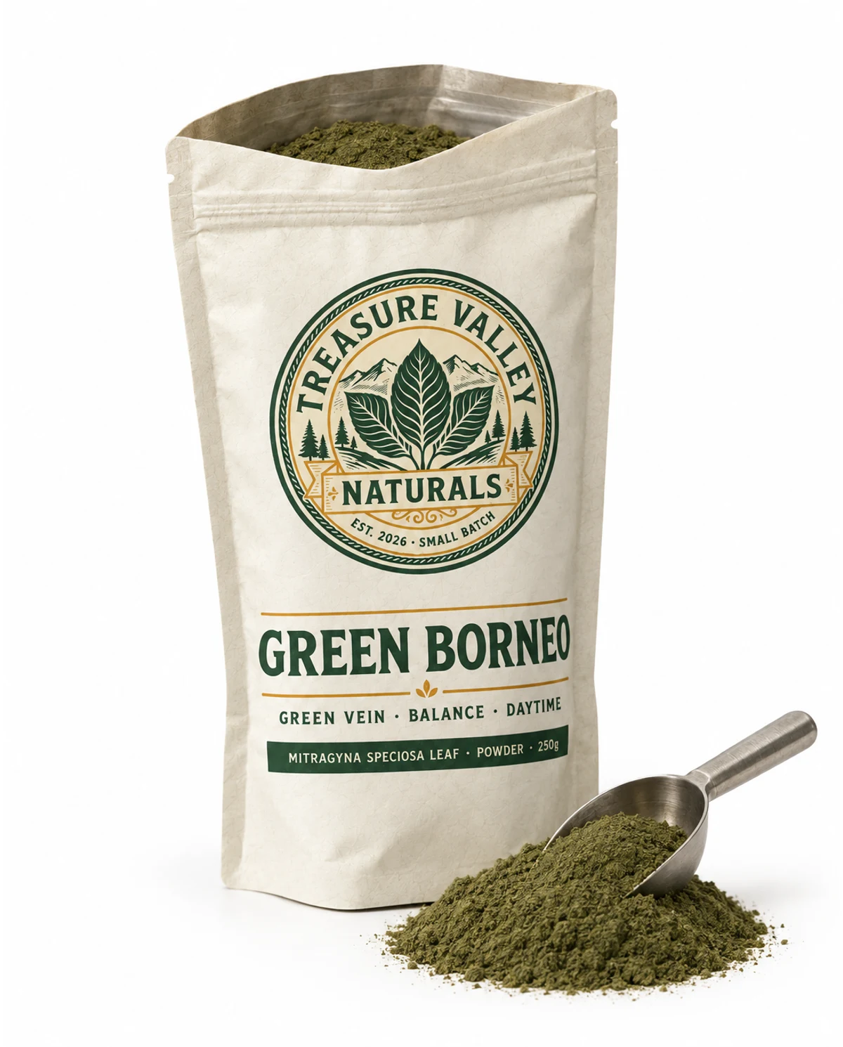 Green Borneo pouch open beside a mound of milled leaf powder
