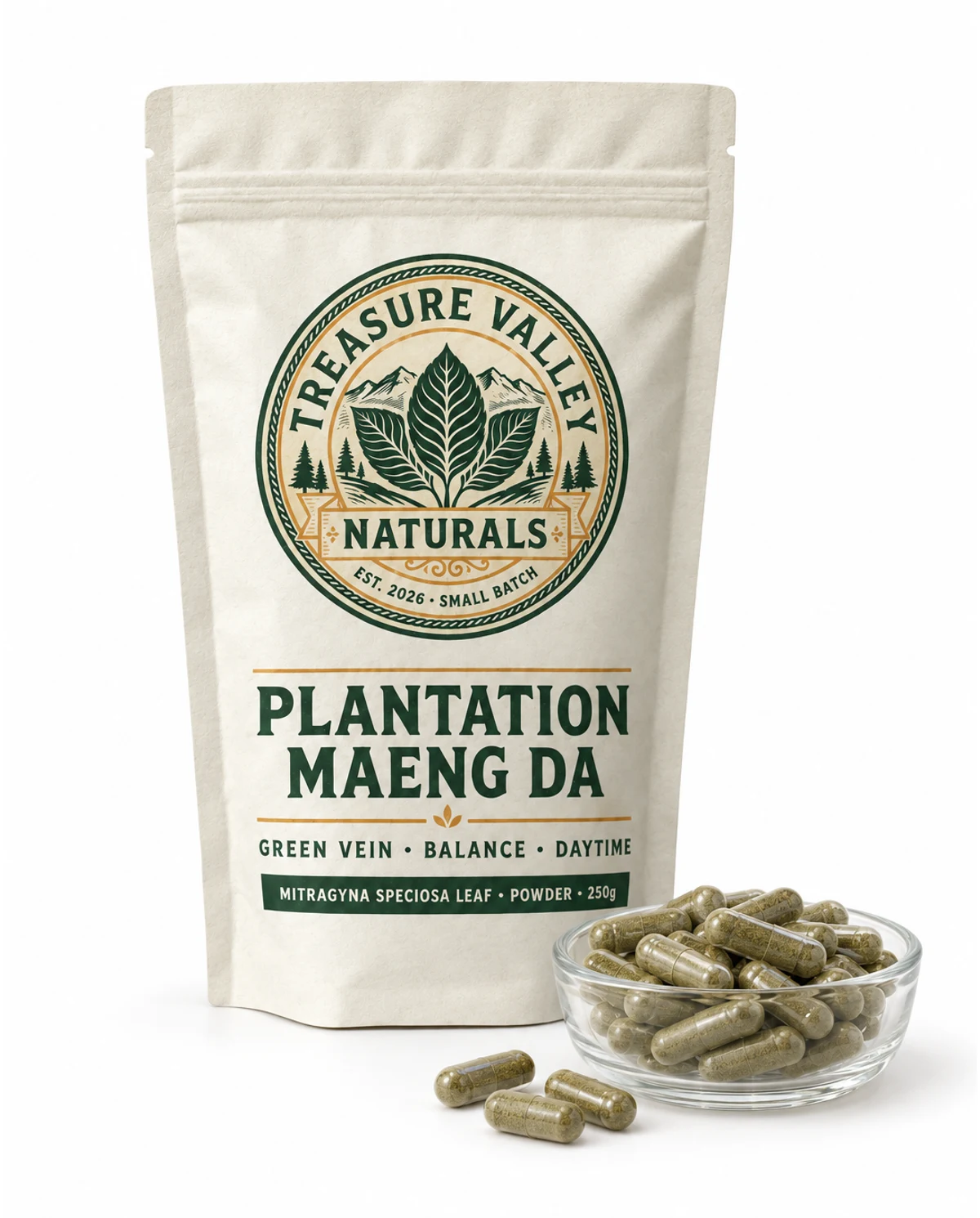 Plantation Maeng Da pouch beside a dish of size 00 capsules