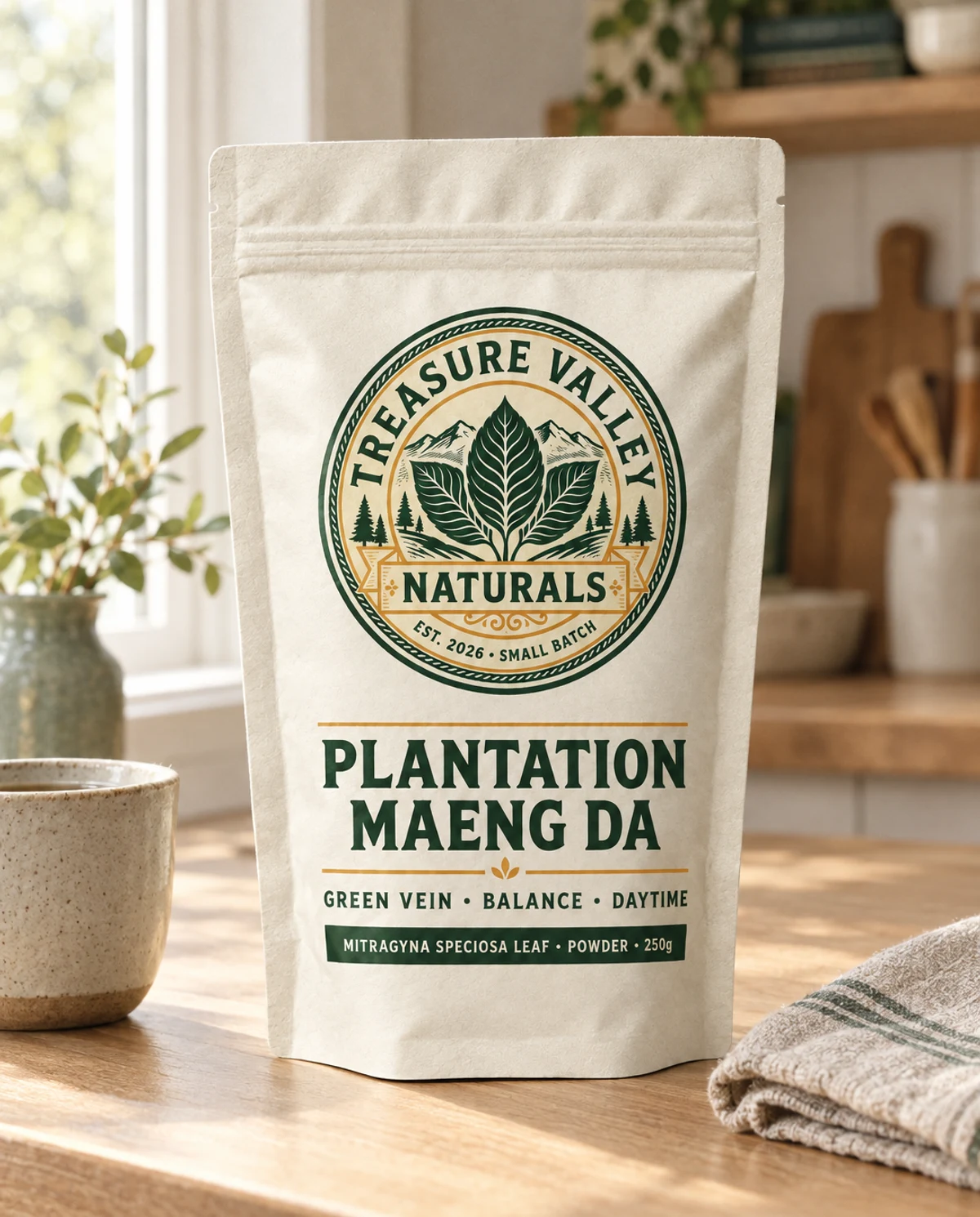 Plantation Maeng Da on a kitchen counter in morning light