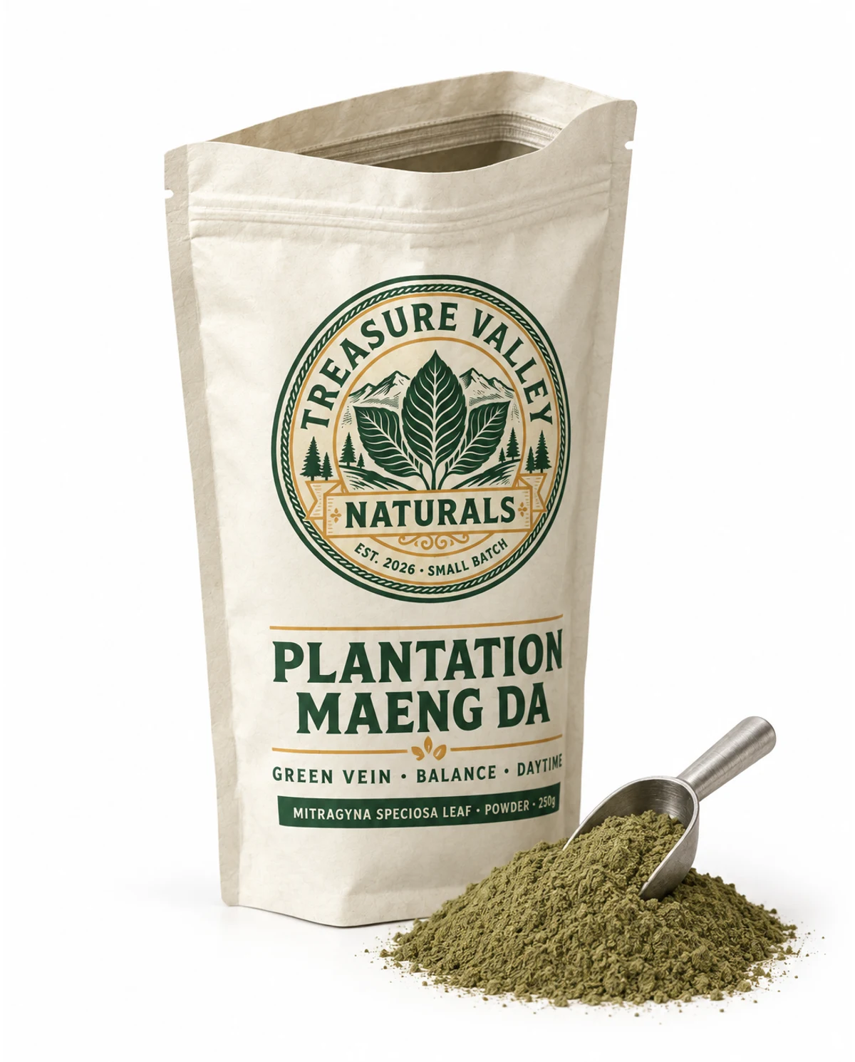 Plantation Maeng Da pouch open beside a mound of milled leaf powder