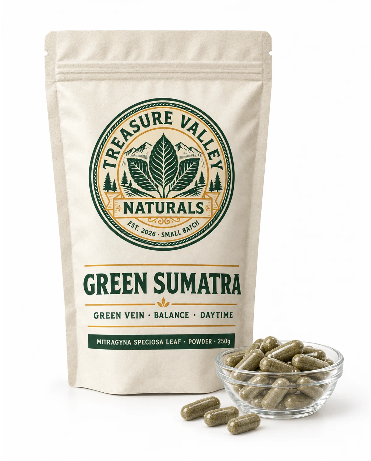 Green Sumatra pouch beside a dish of size 00 capsules