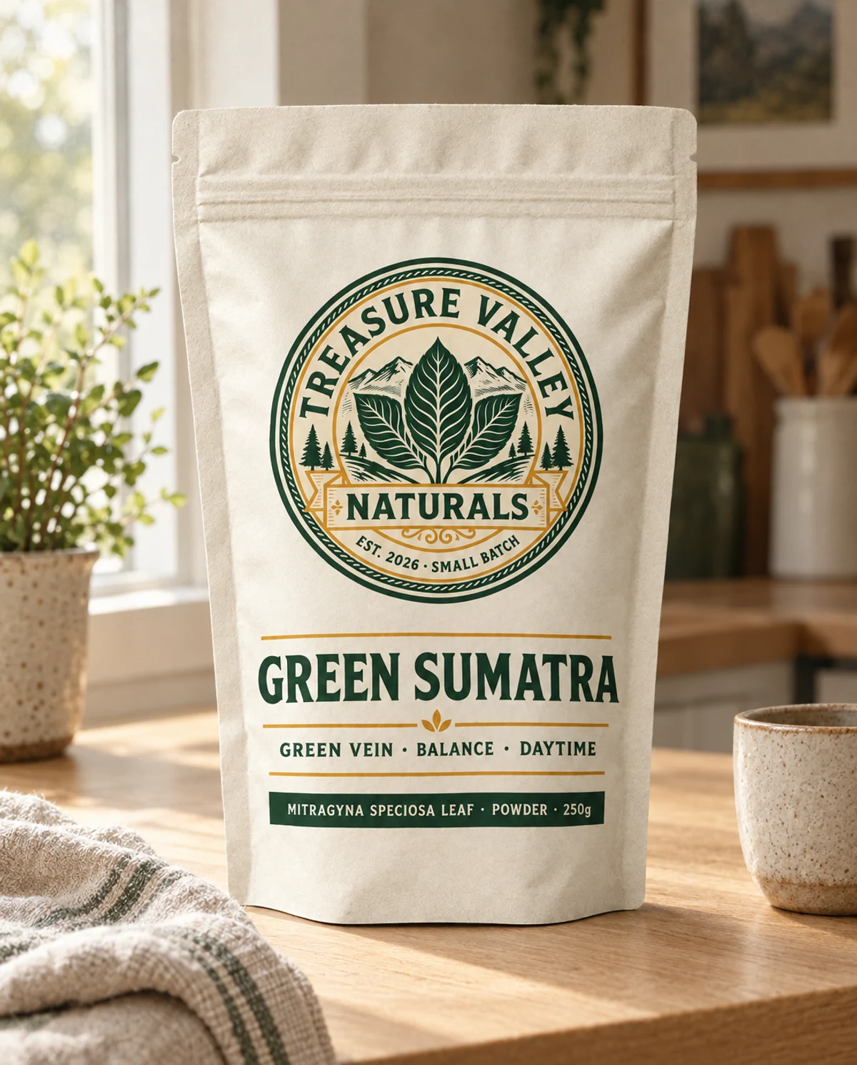 Green Sumatra on a kitchen counter in morning light
