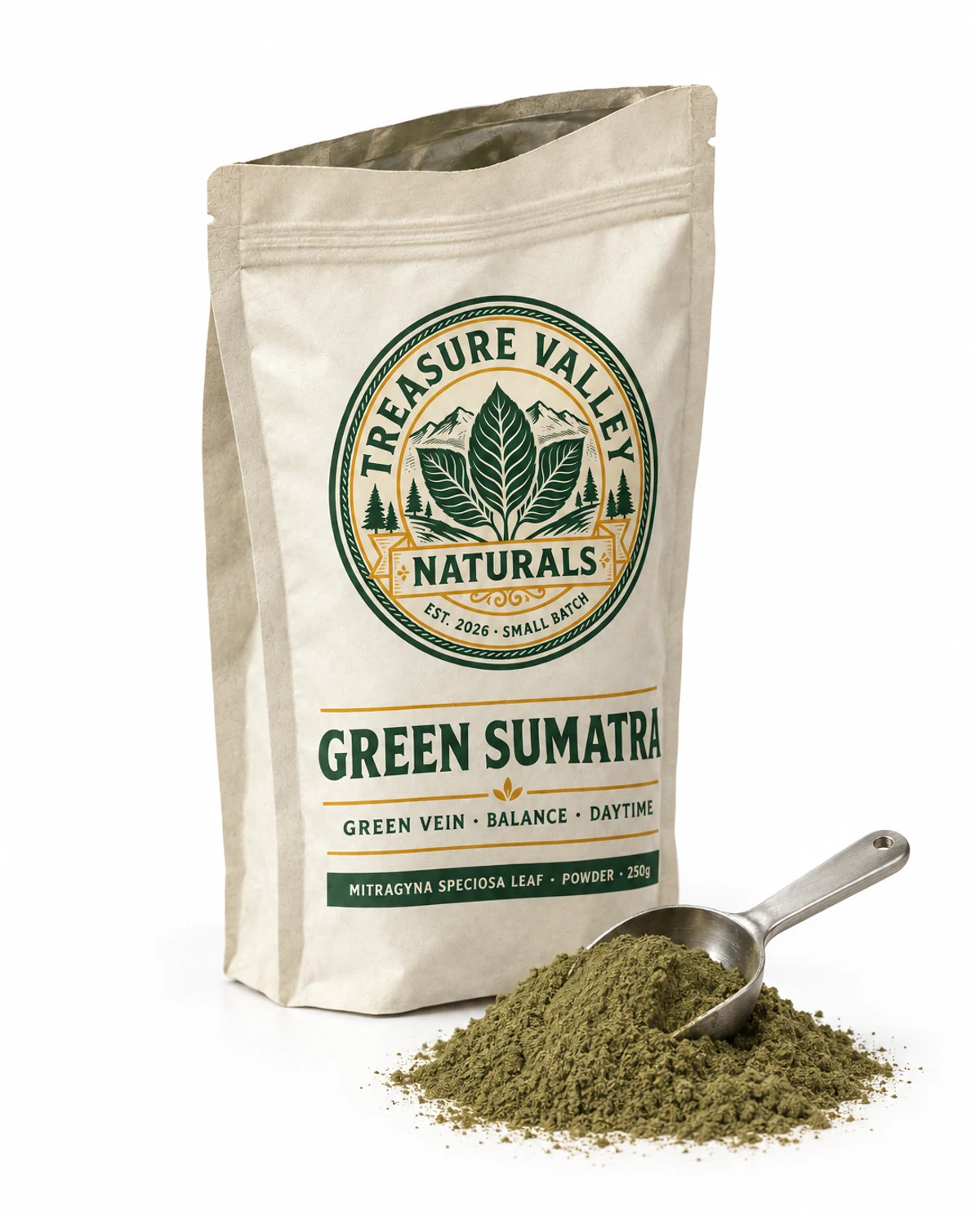 Green Sumatra pouch open beside a mound of milled leaf powder