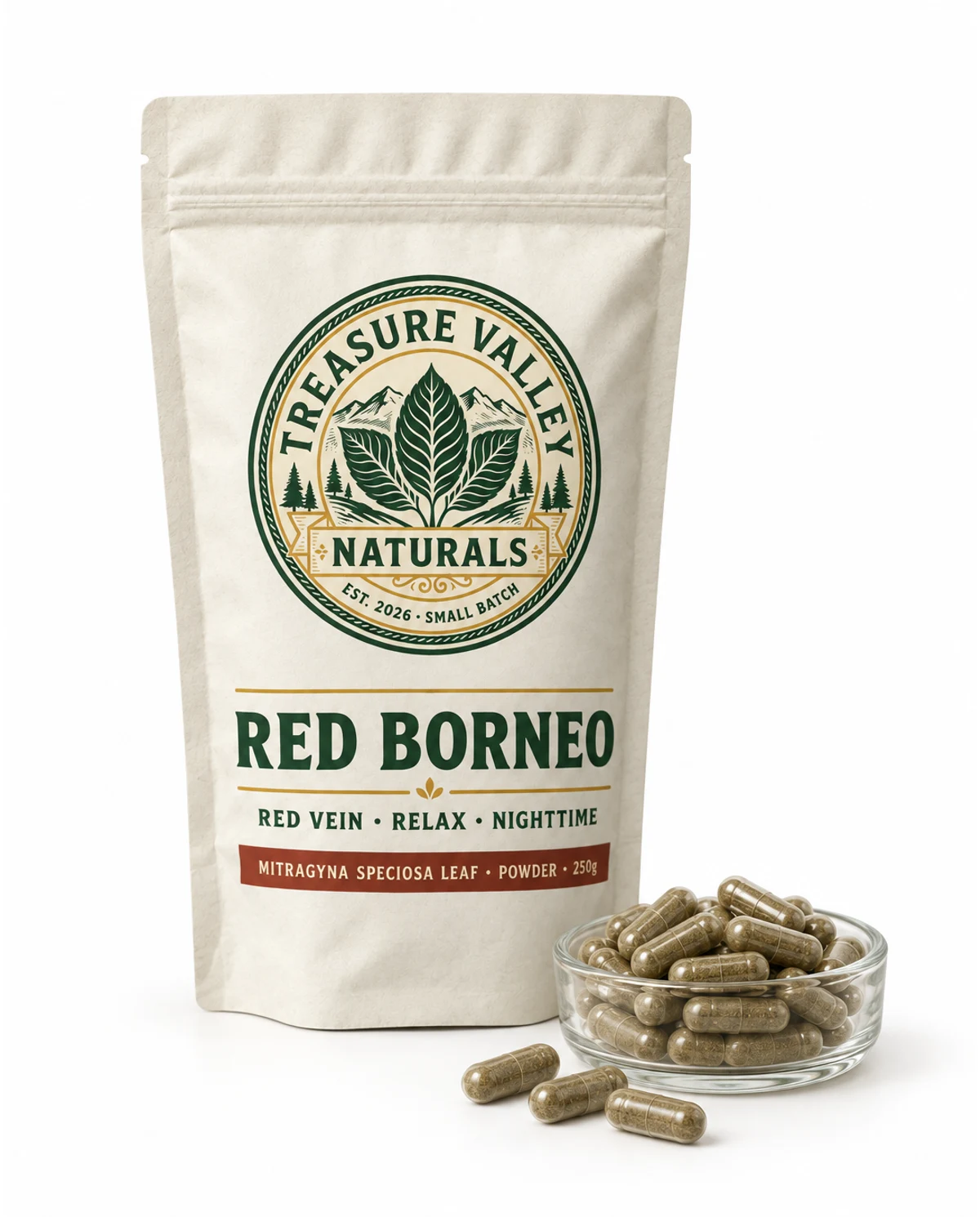 Red Borneo pouch beside a dish of size 00 capsules