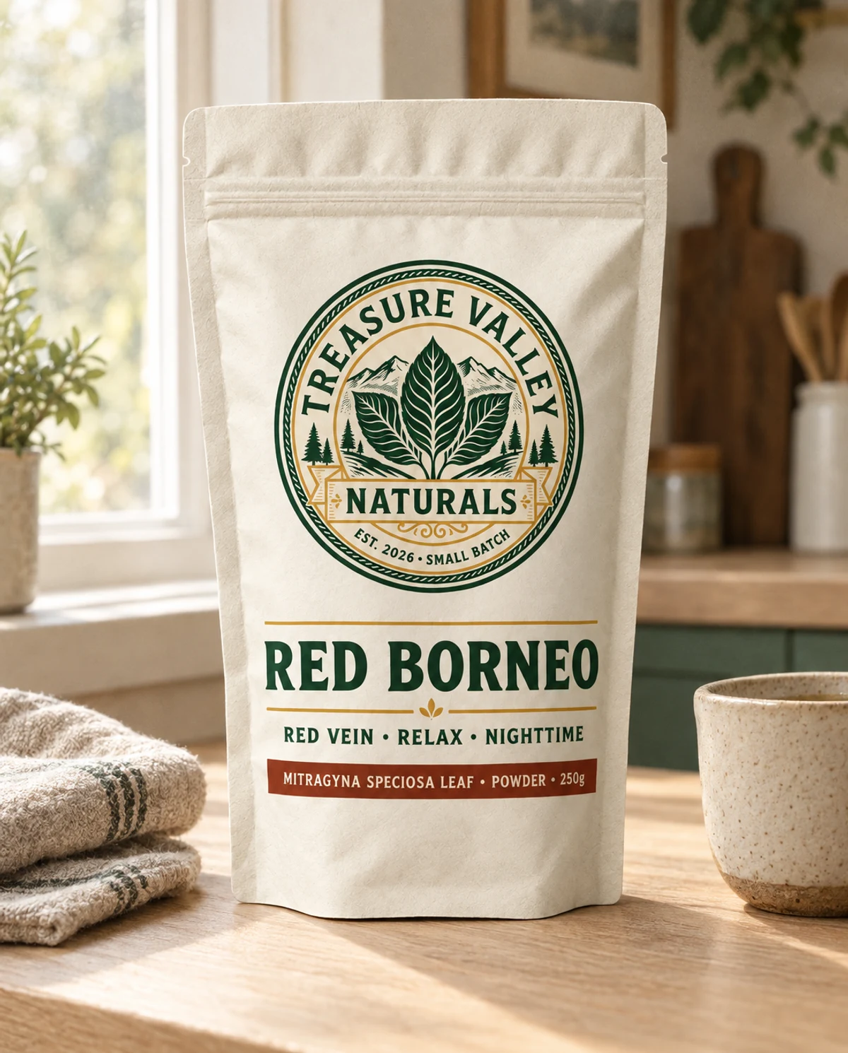 Red Borneo on a kitchen counter in morning light