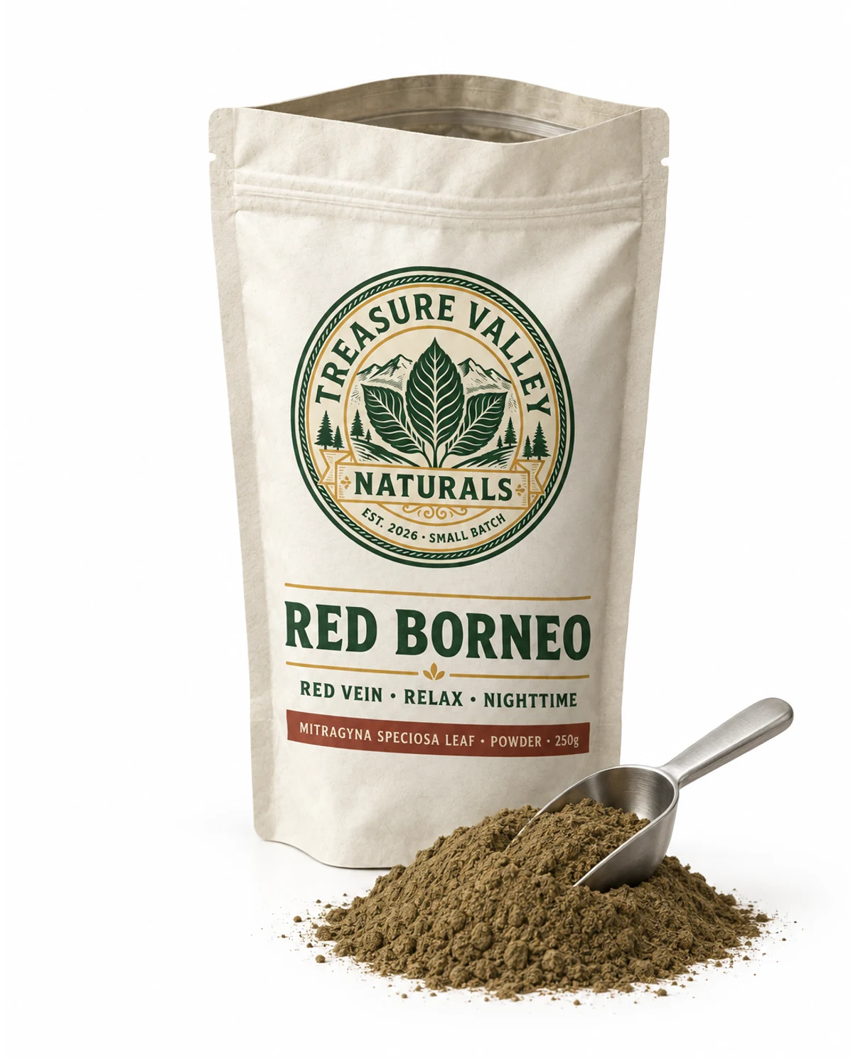 Red Borneo pouch open beside a mound of milled leaf powder