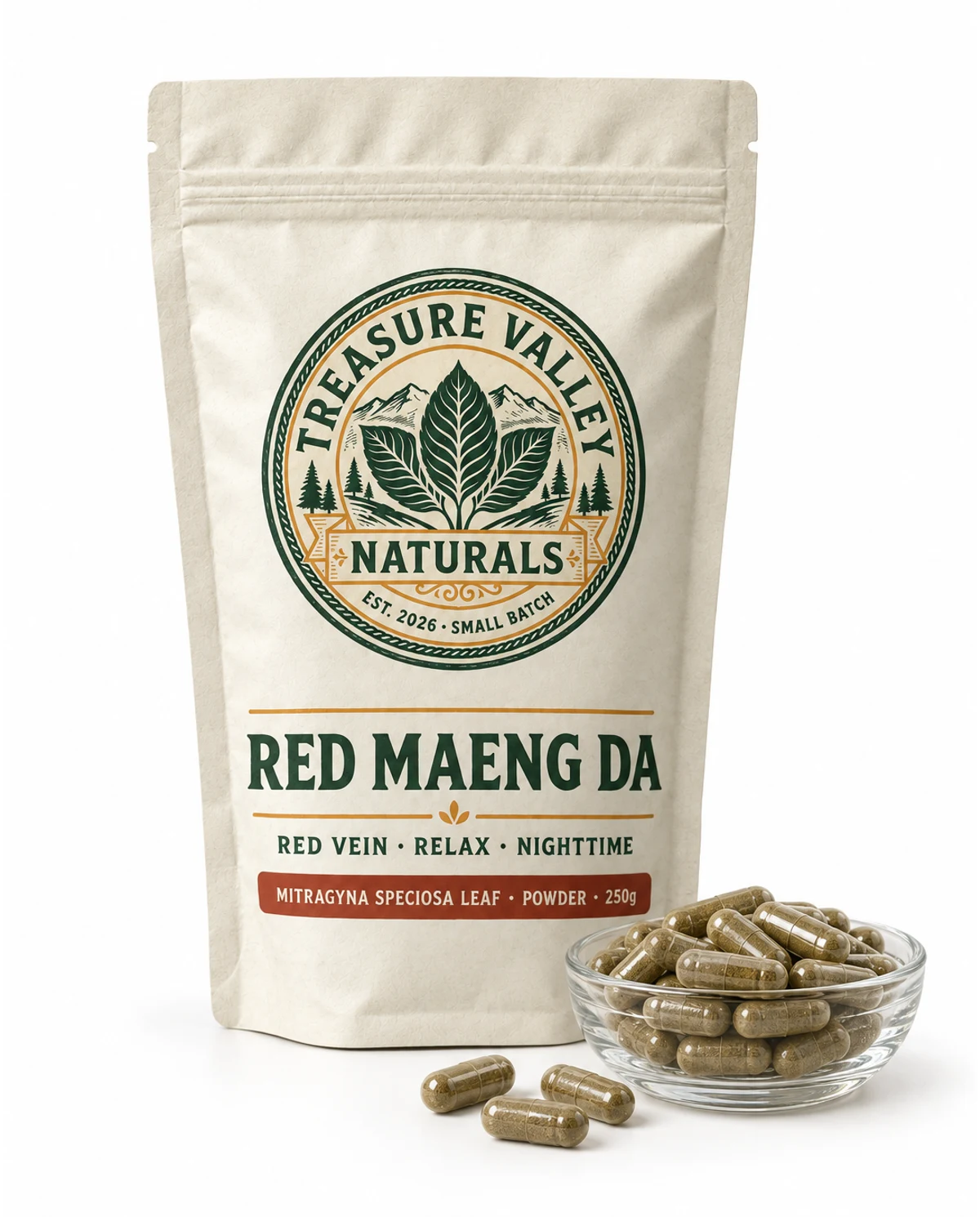Red Maeng Da pouch beside a dish of size 00 capsules