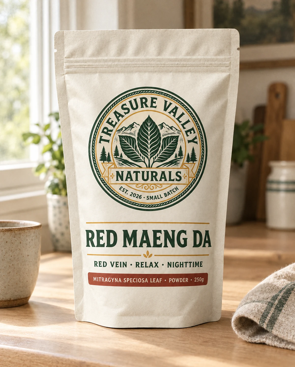 Red Maeng Da on a kitchen counter in morning light