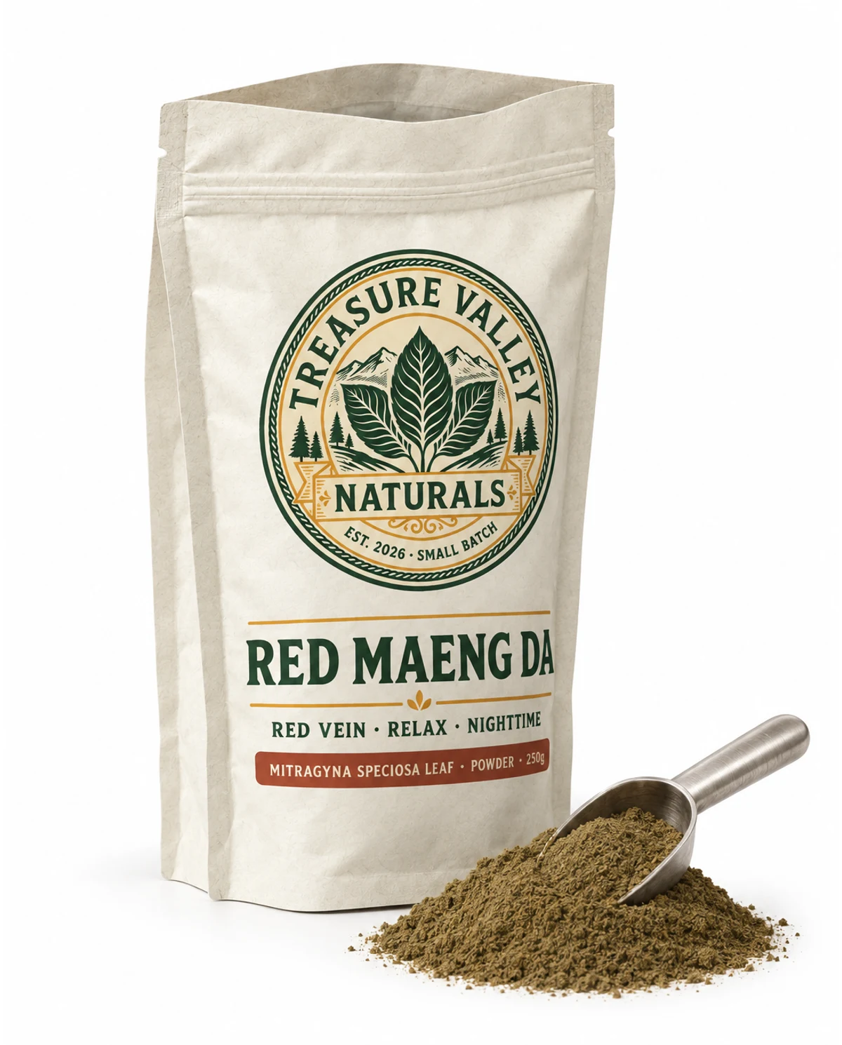 Red Maeng Da pouch open beside a mound of milled leaf powder