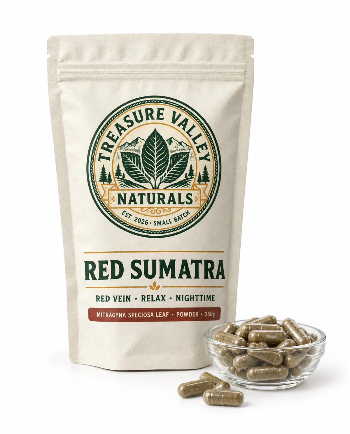 Red Sumatra pouch beside a dish of size 00 capsules