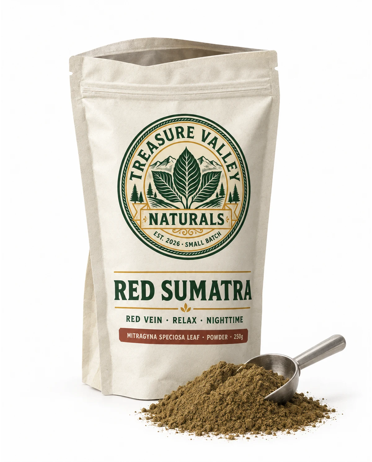 Red Sumatra pouch open beside a mound of milled leaf powder