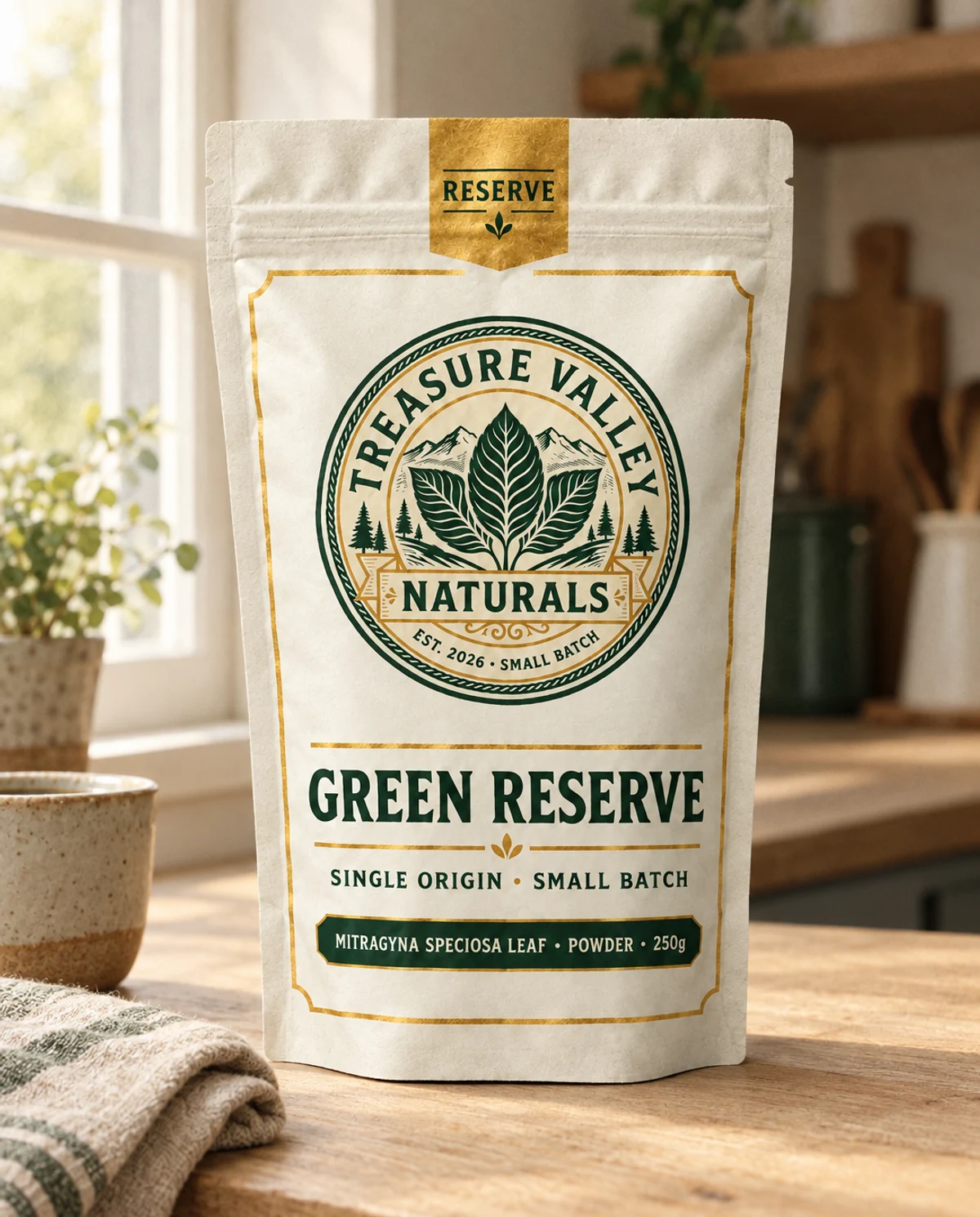 Green Reserve on a kitchen counter in morning light