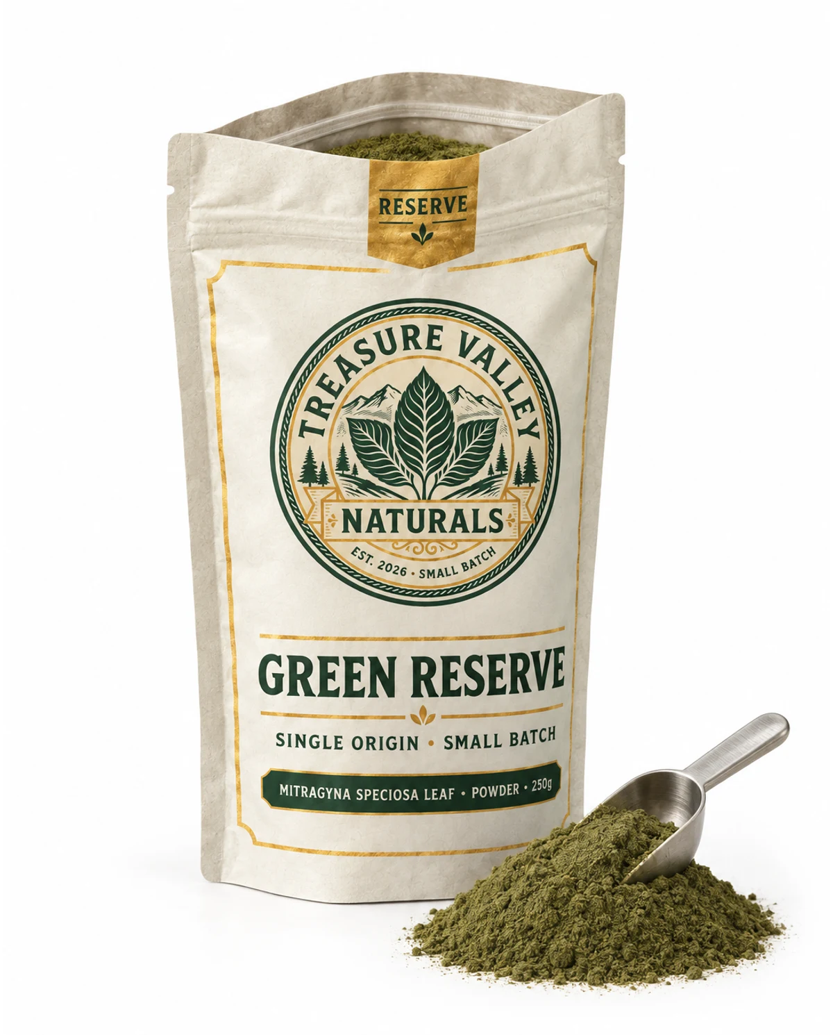 Green Reserve pouch open beside a mound of milled leaf powder