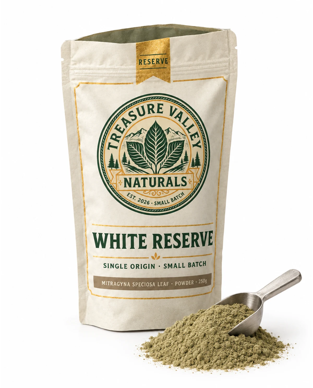 White Reserve pouch open beside a mound of milled leaf powder