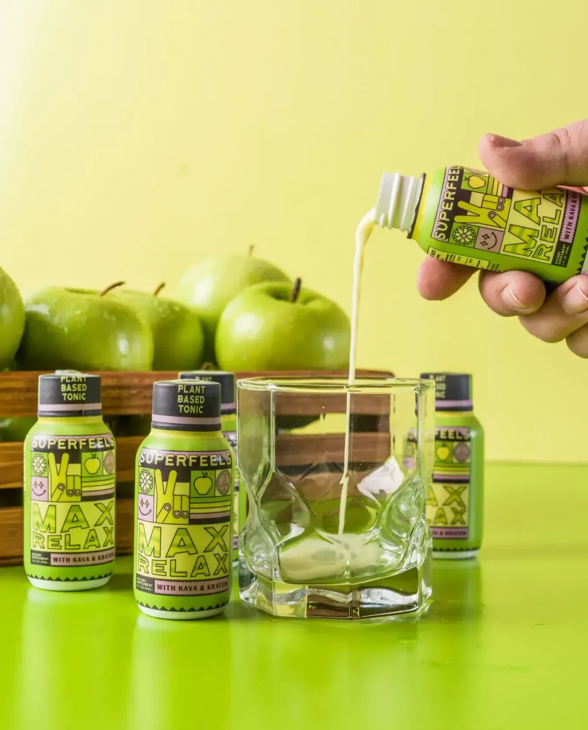 Super Feels Max Relax Kava + Kratom Tonic, styled photo from the maker