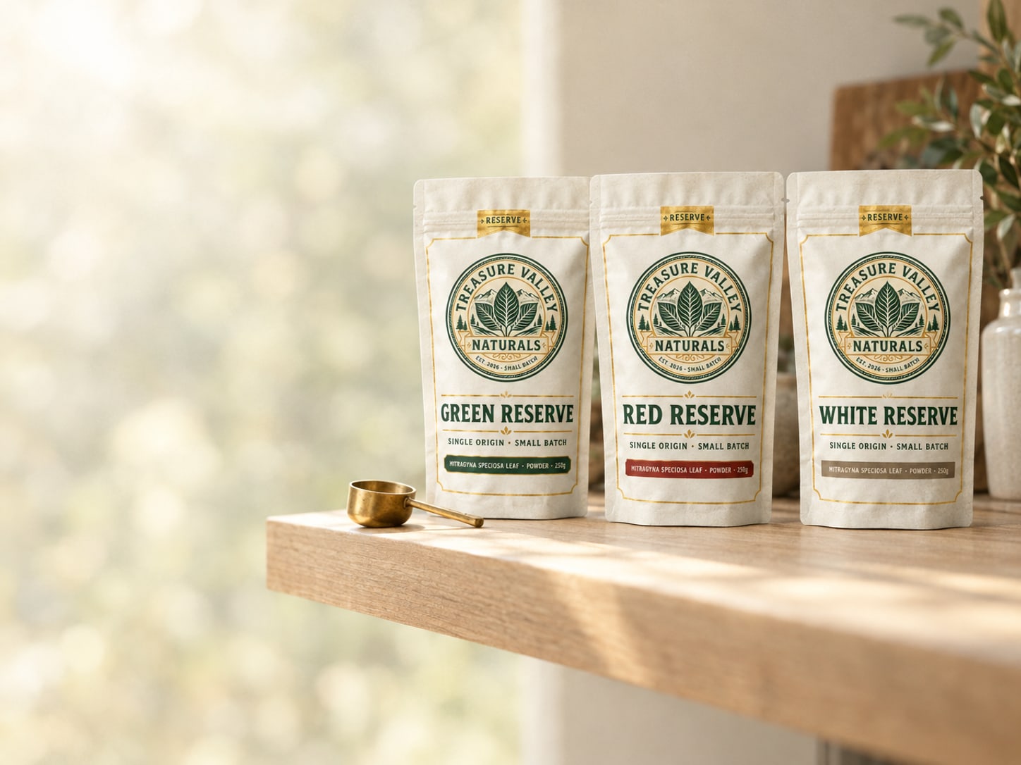 The three Reserve line pouches on a wooden shelf by a window