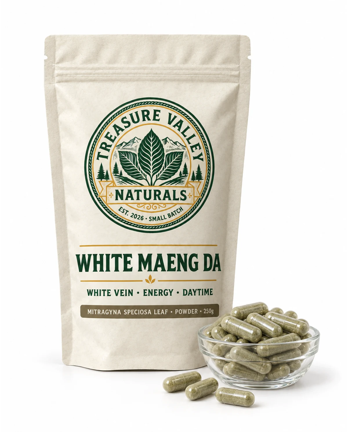 White Maeng Da pouch beside a dish of size 00 capsules
