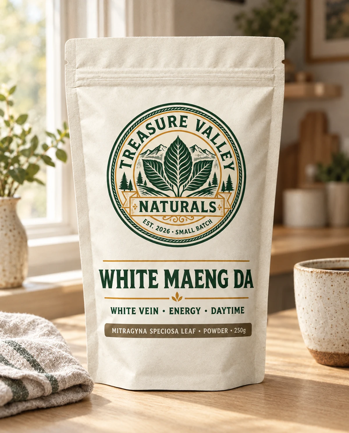 White Maeng Da on a kitchen counter in morning light