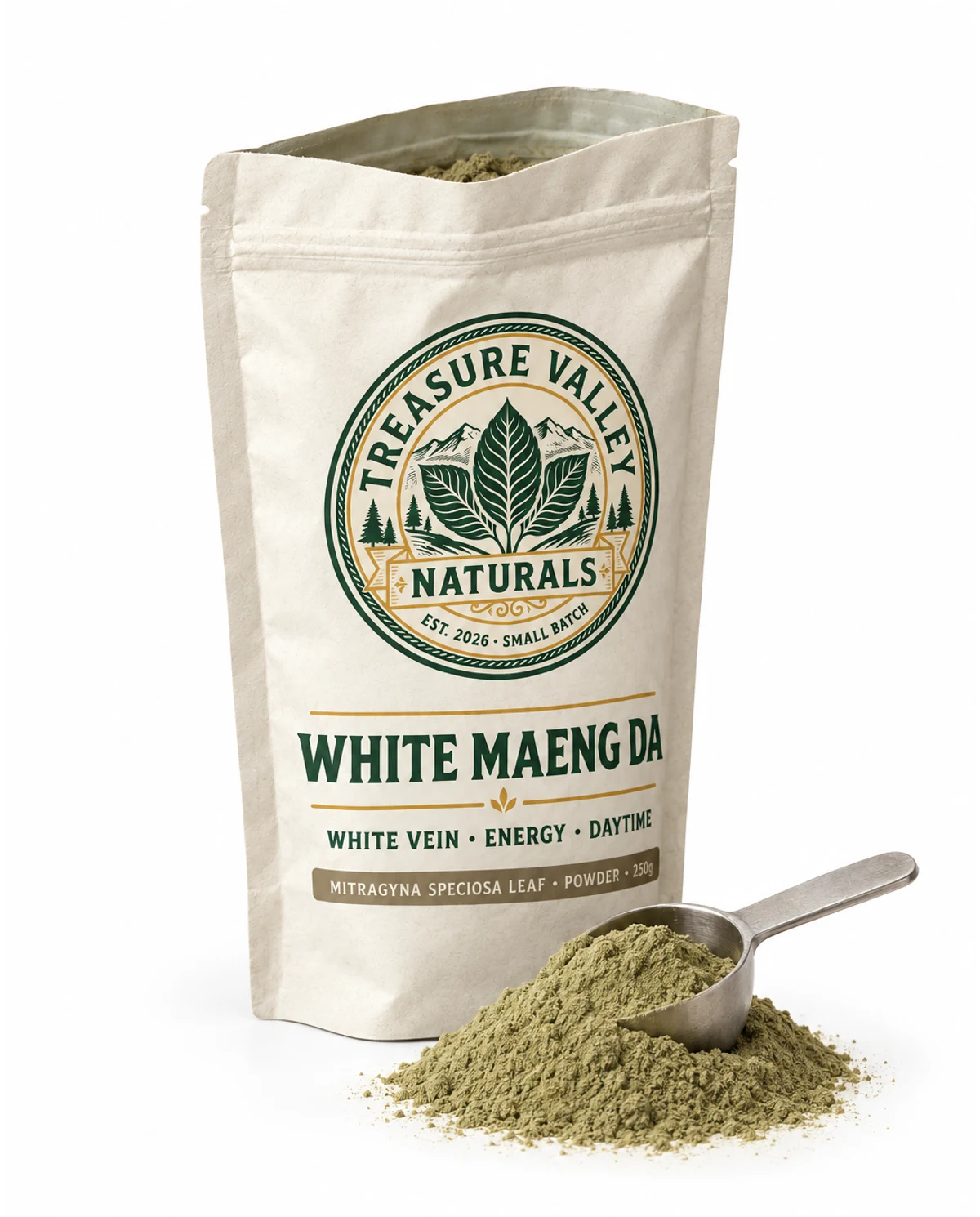 White Maeng Da pouch open beside a mound of milled leaf powder