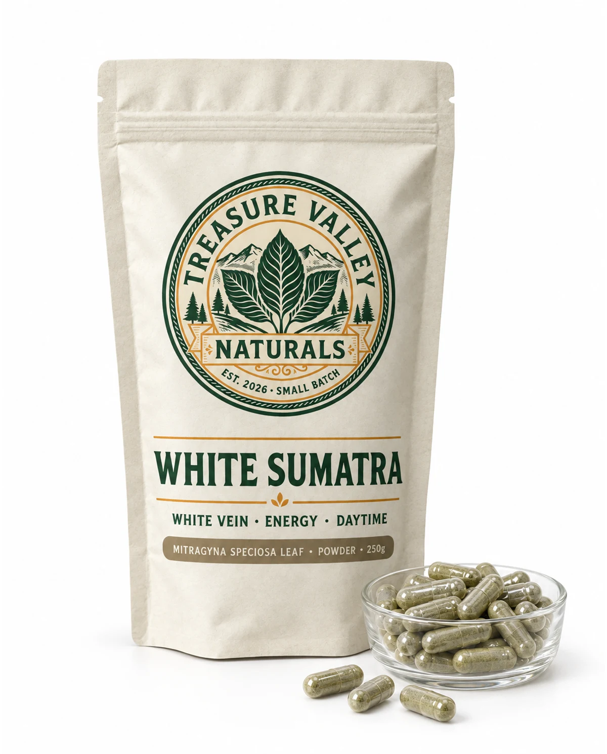 White Sumatra pouch beside a dish of size 00 capsules