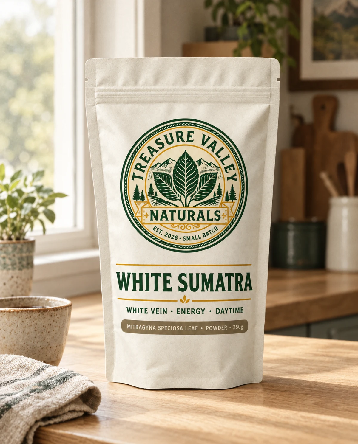 White Sumatra on a kitchen counter in morning light