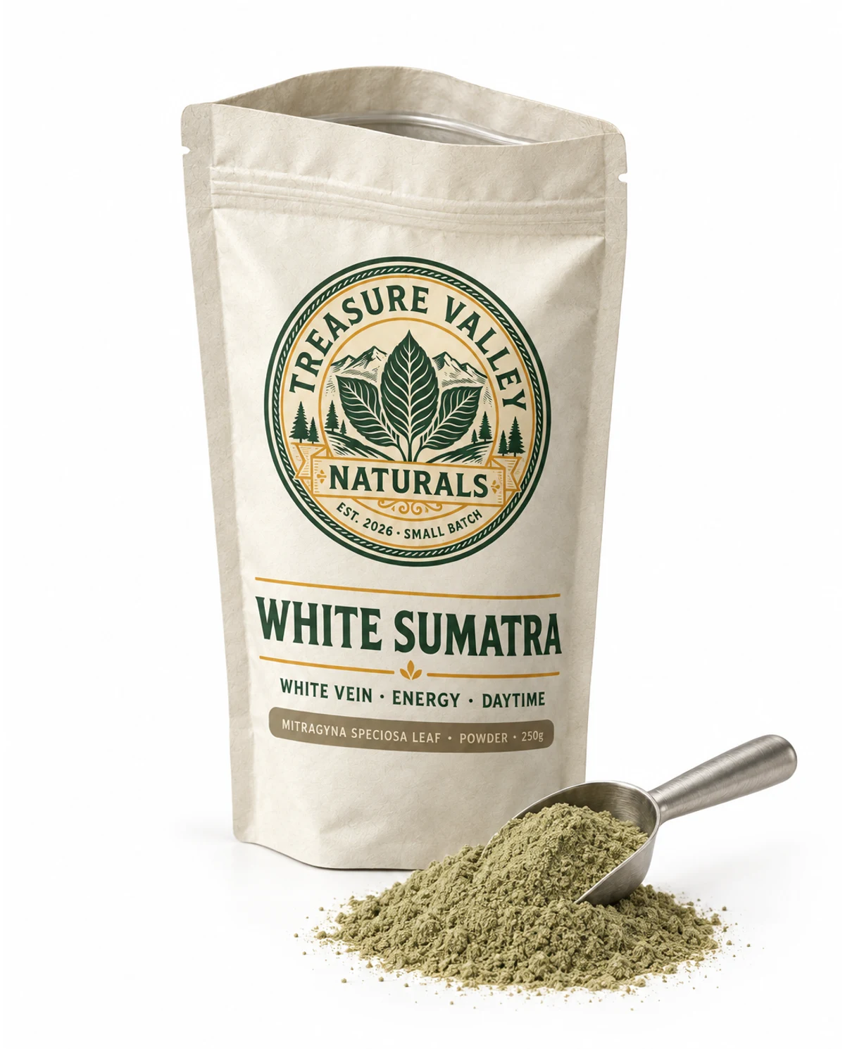 White Sumatra pouch open beside a mound of milled leaf powder