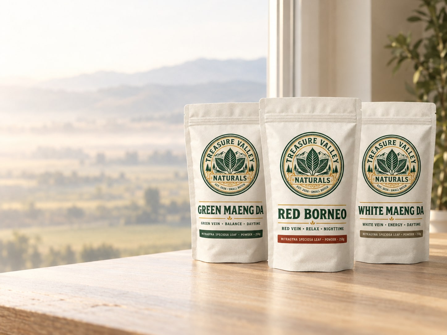 Three Treasure Valley Naturals pouches, green, red and white, on a wooden table by a window