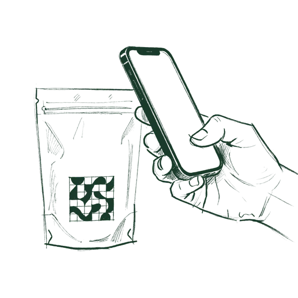 A sketch of a phone scanning the code on a pouch