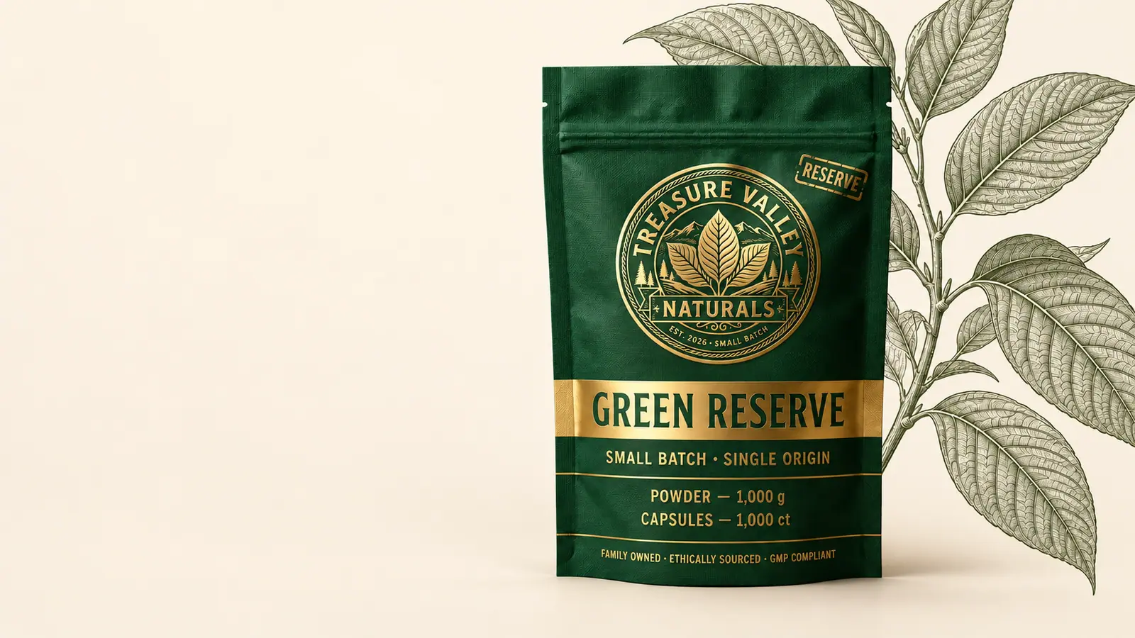 A Green Reserve pouch: deep green with the gold Treasure Valley Naturals seal, on a cream field with an engraved kratom branch.